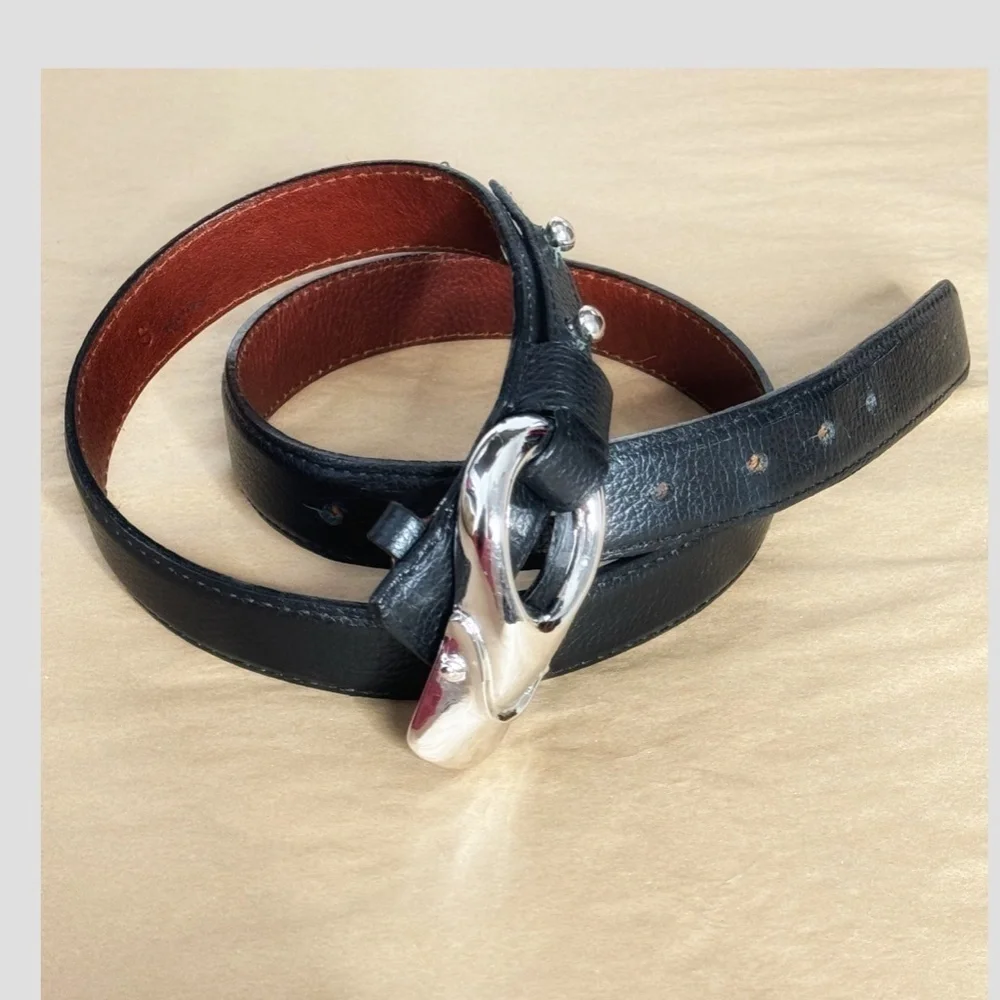 Brian Toohey Pebbled Leather Belt Black Silver Hardware Buckle Size Small 30/34